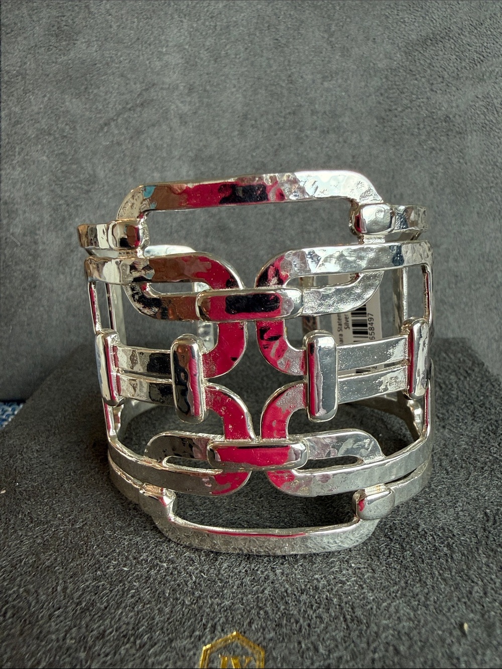 Julie Vos Polished Hammered Link Open Cuff - Silver Tone - Picture 3 of 4